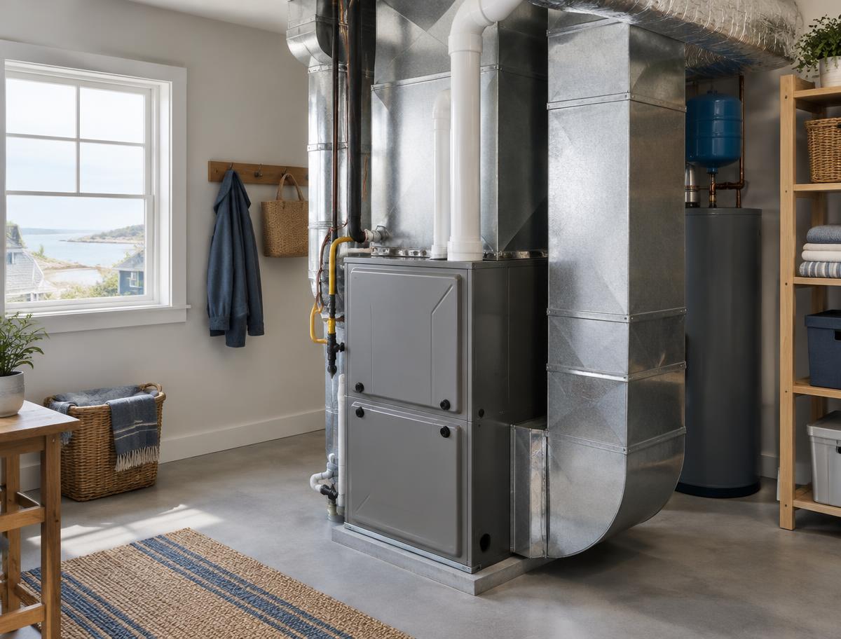 Illustrative furnace in a clean residential utility room
