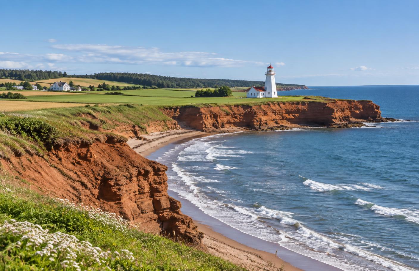 Lighthouse and red-cliff coastline in Prince Edward Island